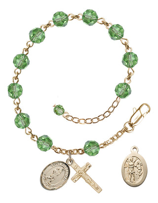 Adjustable 14 Karat Gold-Filled 6mm Austrian Crystal Saint Sebastian/Lacrosse Rosary Bracelet in Peridot