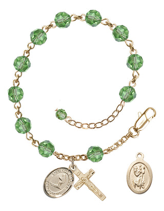 Adjustable 14 Karat Gold-Filled 6mm Austrian Crystal Saint Christopher / Skiing Rosary Bracelet in Peridot