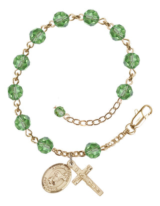 14kt Gold-Filled 6mm Austrian Crystal Saint Stephanie Rosary Bracelet in Peridot Engraved Catholic Saint Jewelry