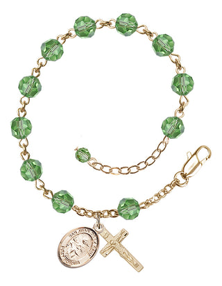 14kt Gold-Filled 6mm Austrian Crystal San Juan de la Cruz Rosary Bracelet in Peridot Engraved Catholic Saint Jewelry