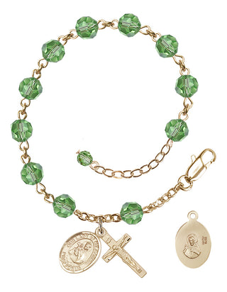 Adjustable 14 Karat Gold-Filled 6mm Austrian Crystal Our Lady of Mount Carmel Rosary Bracelet in Peridot