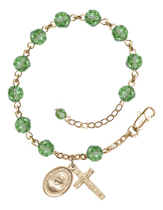 14kt Gold-Filled 6mm Austrian Crystal Saint Luigi Orione Rosary Bracelet in Peridot Engraved Catholic Saint Jewelry