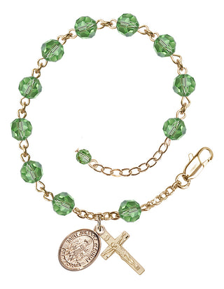 14kt Gold-Filled 6mm Austrian Crystal Saint Juliana of Cumae Rosary Bracelet in Peridot Engraved Catholic Saint Jewelry