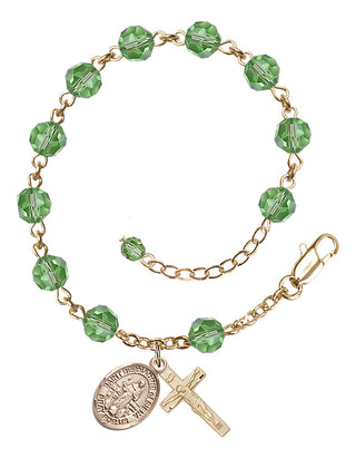 14kt Gold-Filled 6mm Austrian Crystal Saint Bernadine of Sienna Rosary Bracelet in Peridot Engraved Catholic Saint Jewelry