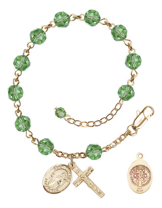 14kt Gold 6mm Austrian Crystal St. Benedict Rosary Bracelet in Peridot | Engravable