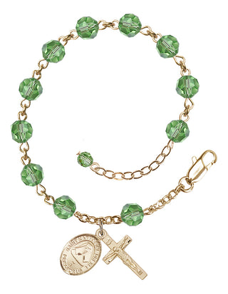 14kt Gold 6mm Austrian Crystal Saint Katharine Drexel Rosary Bracelet in Peridot Engraved Catholic Saint Jewelry