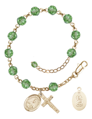 14kt Gold 6mm Austrian Crystal Scapular Rosary Bracelet in Peridot Engraved Catholic Saint Jewelry
