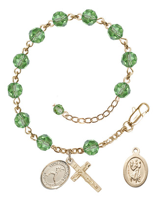 Adjustable 14 Karat Gold 6mm Austrian Crystal Saint Christopher/Softball Rosary Bracelet in Peridot