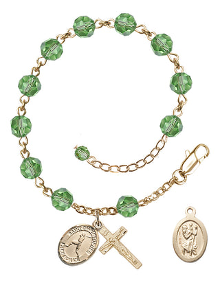 Adjustable 14 Karat Gold 6mm Austrian Crystal Saint Christopher/Baseball Rosary Bracelet in Peridot