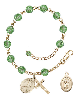 Adjustable 14 Karat Gold 6mm Austrian Crystal Saint Christopher/Football Rosary Bracelet in Peridot