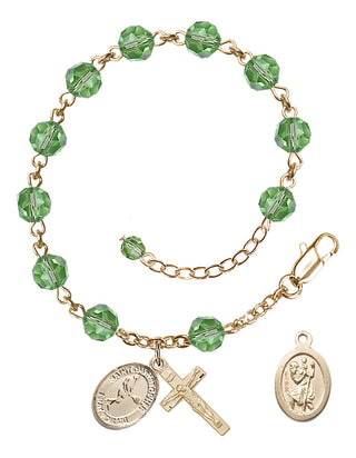 Adjustable 14 Karat Gold 6mm Austrian Crystal Saint Christopher/Tennis Rosary Bracelet in Peridot