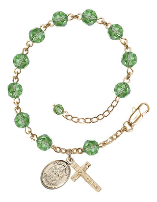 14kt Gold 6mm Austrian Crystal Saint Cecilia / Choir Rosary Bracelet in Peridot Engraved Catholic Saint Jewelry