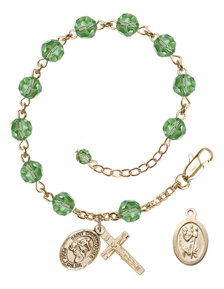 Adjustable 14 Karat Gold 6mm Austrian Crystal Saint Christopher/Motorcycle Rosary Bracelet in Peridot