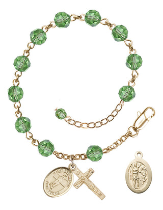 Adjustable 14 Karat Gold 6mm Austrian Crystal Saint Sebastian / Volleyball Rosary Bracelet in Peridot