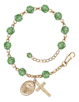 14kt Gold 6mm Austrian Crystal Saint Ronan Rosary Bracelet in Peridot Engraved Catholic Saint Jewelry