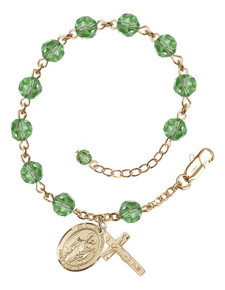 14kt Gold 6mm Austrian Crystal Saint Wolfgang Rosary Bracelet in Peridot Engraved Catholic Saint Jewelry