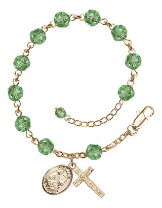 14kt Gold 6mm Austrian Crystal Saint Fina Rosary Bracelet in Peridot Engraved Catholic Saint Jewelry