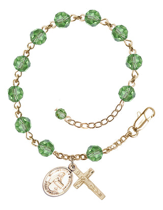 14kt Gold 6mm Austrian Crystal Bl. Emilee Doultremont Rosary Bracelet in Peridot Engraved Catholic Saint Jewelry