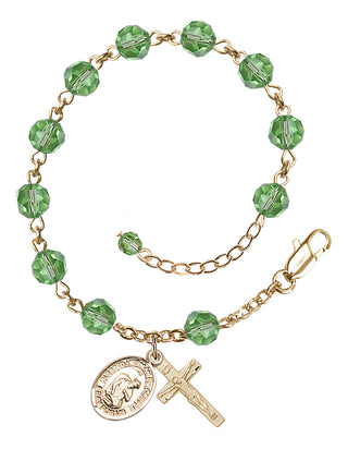 14kt Gold 6mm Austrian Crystal Bl. Herman the Cripple Rosary Bracelet in Peridot Engraved Catholic Saint Jewelry