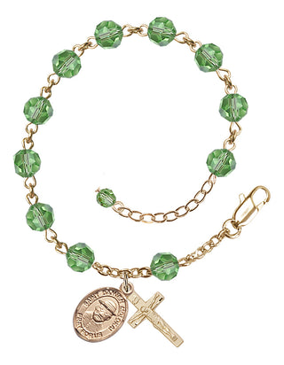 14kt Gold 6mm Austrian Crystal Saint Damien of Molokai Rosary Bracelet in Peridot Engraved Catholic Saint Jewelry