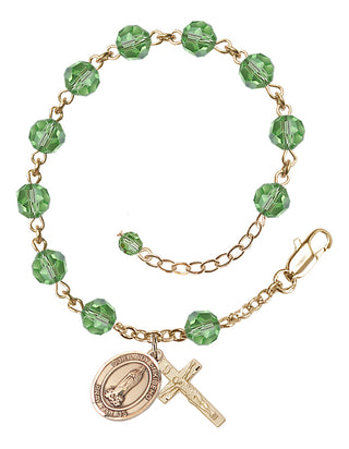 14kt Gold 6mm Austrian Crystal Our Lady of Kibeho Rosary Bracelet in Peridot Engraved Catholic Saint Jewelry