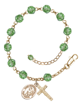 14kt Gold 6mm Austrian Crystal Saint Margaret Mary Alacoque Rosary Bracelet in Peridot Engraved Catholic Saint Jewelry