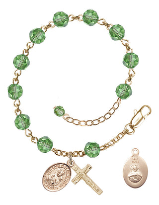 Adjustable 14 Karat Gold 6mm Austrian Crystal Our Lady of Czestochowa Rosary Bracelet in Peridot