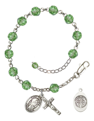 Sterling Silver 6mm Austrian Crystal St. Benedict Rosary Bracelet in Peridot | Engravable