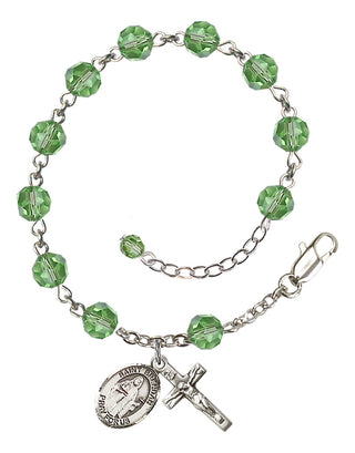 Sterling Silver 6mm Austrian Crystal Saint Brendan the Navigator Rosary Bracelet in Peridot Engraved Catholic Saint Jewelry