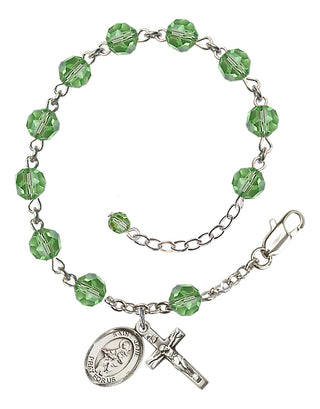 Sterling Silver 6mm Austrian Crystal Saint Jane of Valois Rosary Bracelet in Peridot Engraved Catholic Saint Jewelry