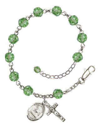 Sterling Silver 6mm Austrian Crystal Saint Joshua Rosary Bracelet in Peridot Engraved Catholic Saint Jewelry