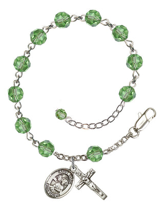 Sterling Silver 6mm Austrian Crystal Saint Mark the Evangelist Rosary Bracelet in Peridot Engraved Catholic Saint Jewelry