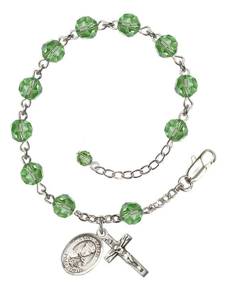 Sterling Silver 6mm Austrian Crystal Saint Sarah Rosary Bracelet in Peridot Engraved Catholic Saint Jewelry