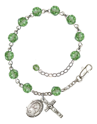 Sterling Silver 6mm Austrian Crystal Our Lady of la Vang Rosary Bracelet in Peridot Engraved Catholic Saint Jewelry