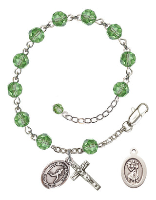 Sterling Silver 6mm Austrian Crystal Saint Christopher/Track & Field Rosary Bracelet in Peridot Engraved Catholic Saint Jewelry
