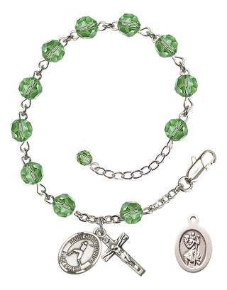 Adjustable Sterling Silver 6mm Austrian Crystal Saint Christopher/Baseball Rosary Bracelet in Peridot