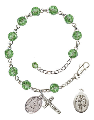 Adjustable Sterling Silver 6mm Austrian Crystal Saint Sebastian/Skiing Rosary Bracelet in Peridot