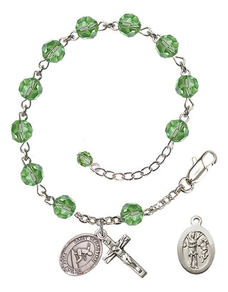 Adjustable Sterling Silver 6mm Austrian Crystal Saint Sebastian/Surfing Rosary Bracelet in Peridot