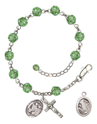 Sterling Silver 6mm Austrian Crystal Saint Cecilia / Marching Band Rosary Bracelet in Peridot Engraved Catholic Saint Jewelry