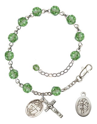 Adjustable Sterling Silver 6mm Austrian Crystal Saint Sebastian / Volleyball Rosary Bracelet in Peridot