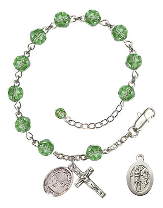 Adjustable Sterling Silver 6mm Austrian Crystal Saint Sebastian / Fishing Rosary Bracelet in Peridot