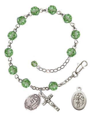 Adjustable Sterling Silver 6mm Austrian Crystal Saint Sebastian / Archery Rosary Bracelet in Peridot