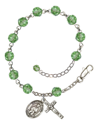 Sterling Silver 6mm Austrian Crystal Our Lady of Hope Rosary Bracelet in Peridot Engraved Catholic Saint Jewelry