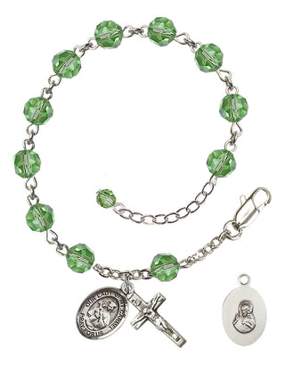 Adjustable Sterling Silver 6mm Austrian Crystal Our Lady of Mount Carmel Rosary Bracelet in Peridot