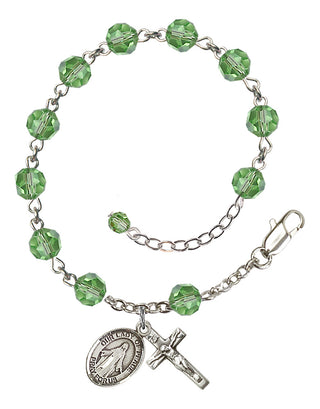Sterling Silver 6mm Austrian Crystal Our Lady of Peace Rosary Bracelet in Peridot Engraved Catholic Saint Jewelry