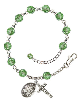 Sterling Silver 6mm Austrian Crystal Saint John Baptist de la Salle Rosary Bracelet in Peridot Engraved Catholic Saint Jewelry