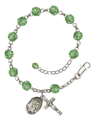 Sterling Silver 6mm Austrian Crystal Saint Joseph of Arimathea Rosary Bracelet in Peridot Engraved Catholic Saint Jewelry