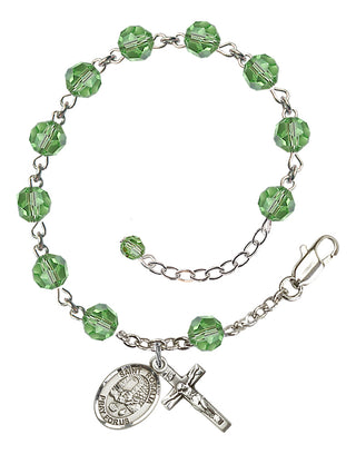 Sterling Silver 6mm Austrian Crystal Saint Rosalia Rosary Bracelet in Peridot Engraved Catholic Saint Jewelry