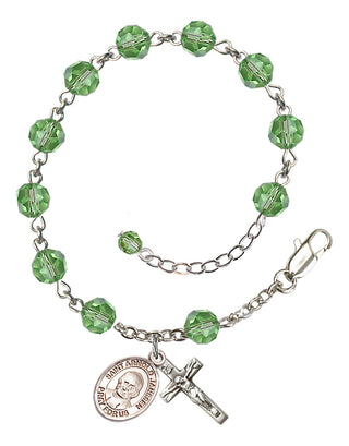 Sterling Silver 6mm Austrian Crystal Saint Arnold Janssen Rosary Bracelet in Peridot Engraved Catholic Saint Jewelry
