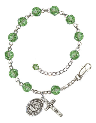 Sterling Silver 6mm Austrian Crystal Saint Catherine of Sweden Rosary Bracelet in Peridot Engraved Catholic Saint Jewelry